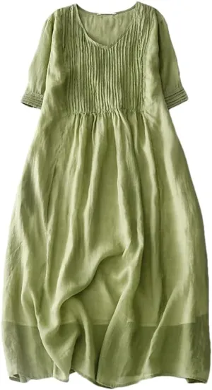 Womenn Summer Solid Color V-Neck Linen Casual Short Sleeve V Neck Slim Maxi Pleated Dress