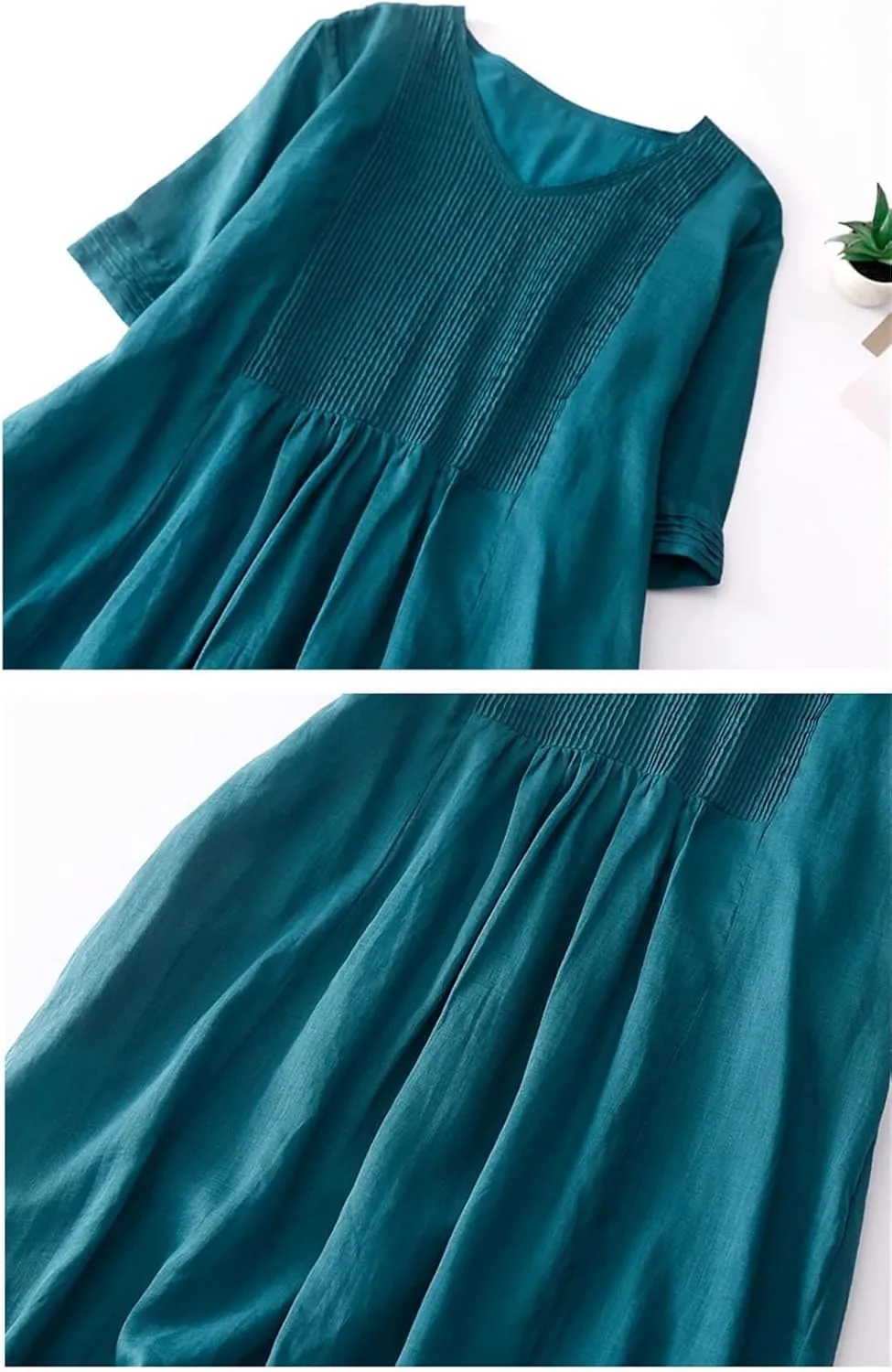 Womenn Summer Solid Color V-Neck Linen Casual Short Sleeve V Neck Slim Maxi Pleated Dress