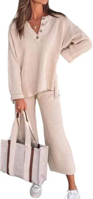Women's 2 Piece Outfits Lounge Sets Apricot Waffle Knit V Neck Long Sleeve Tops Wide Leg Pants Tracksuit Sets