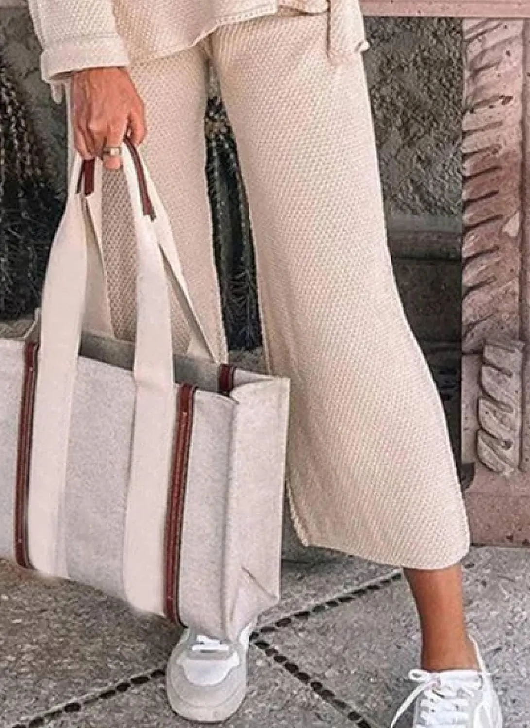 Women's 2 Piece Outfits Lounge Sets Apricot Waffle Knit V Neck Long Sleeve Tops Wide Leg Pants Tracksuit Sets