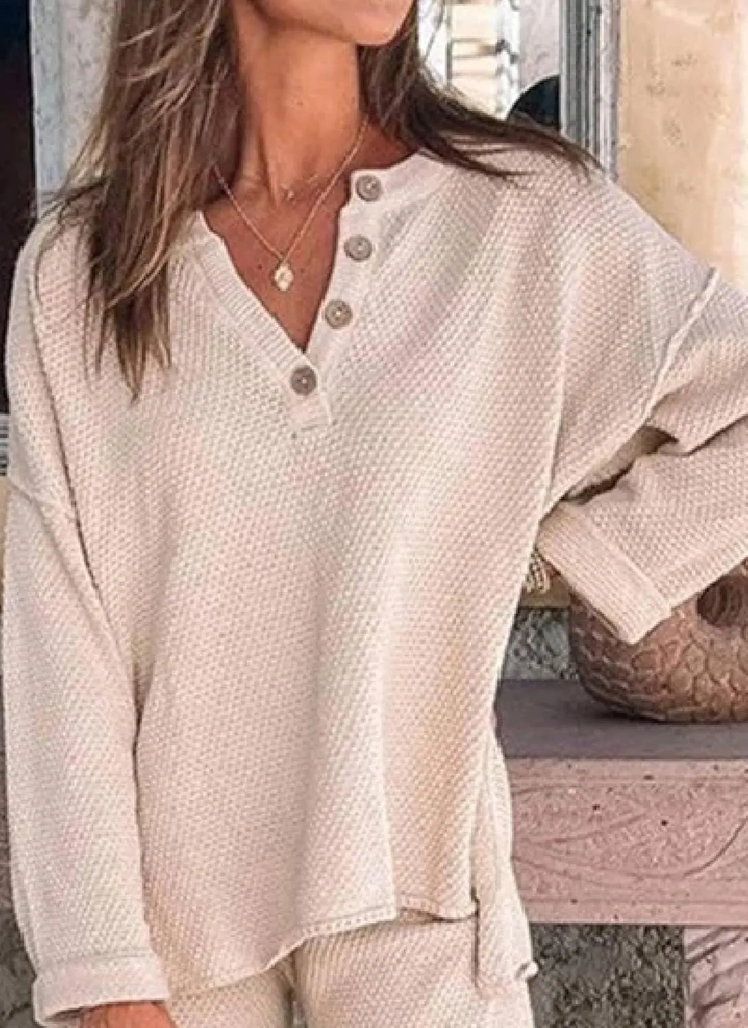 Women's 2 Piece Outfits Lounge Sets Apricot Waffle Knit V Neck Long Sleeve Tops Wide Leg Pants Tracksuit Sets