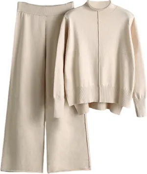 Women's 2 Piece Outfits Sweatsuit Mock Neck Pullover Top Wide Leg Pants Tracksuit Lounge Sets