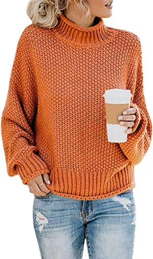 Women's 2024 Turtleneck Batwing Sleeve Loose Oversized Pointelle Sweater, Chunky Knitted Pullover Sweater, Slouchy Going Out Jumper Tops- Orange||3XL