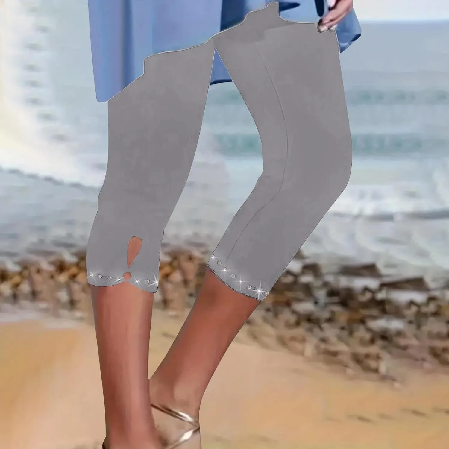 Women's Capri Leggings with Rhinestone 2025 Summer High Waist Cropped Yoga Pants Cutout Keyhole Stretchy Capri Tights