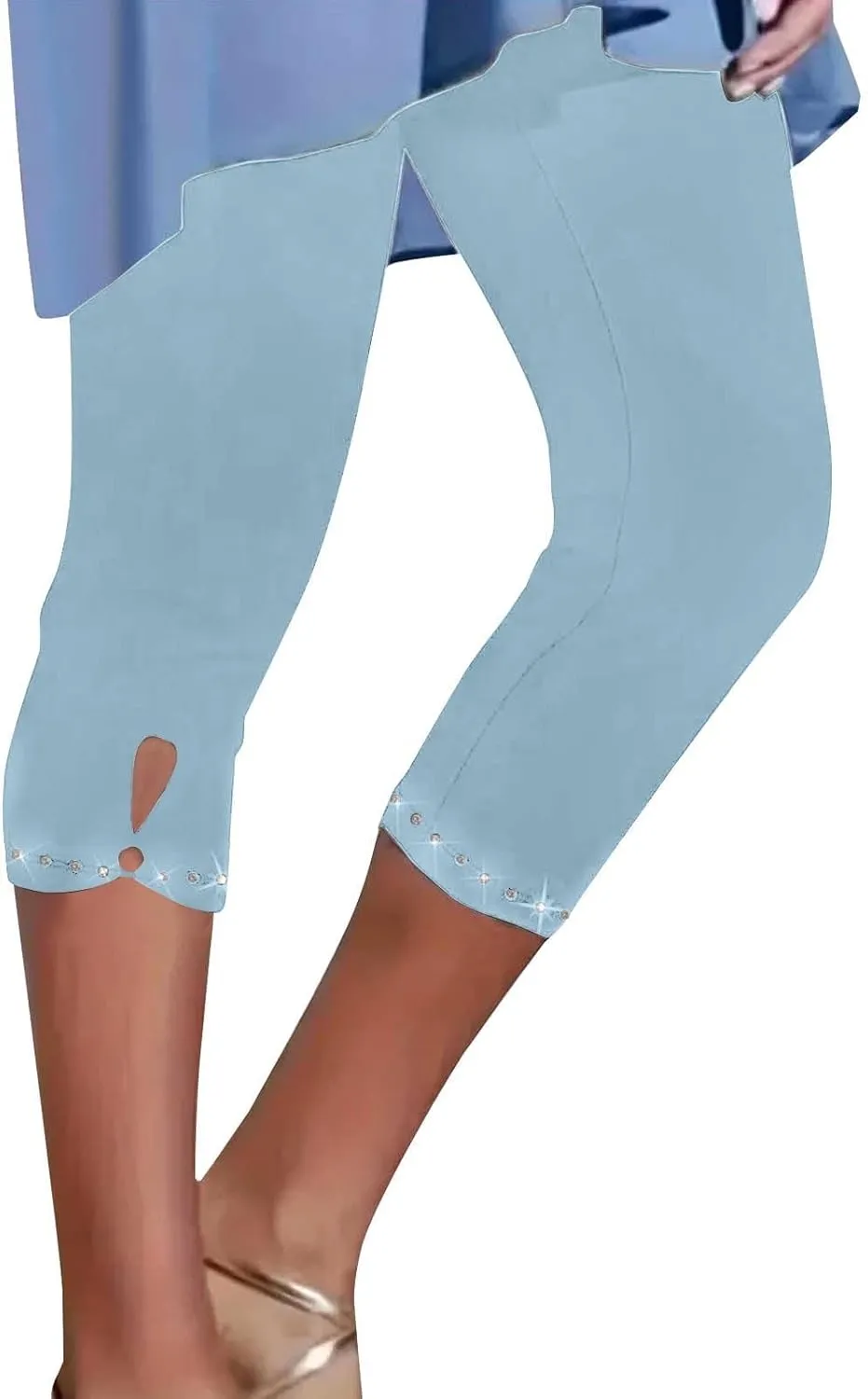 Women's Capri Leggings with Rhinestone 2025 Summer High Waist Cropped Yoga Pants Cutout Keyhole Stretchy Capri Tights