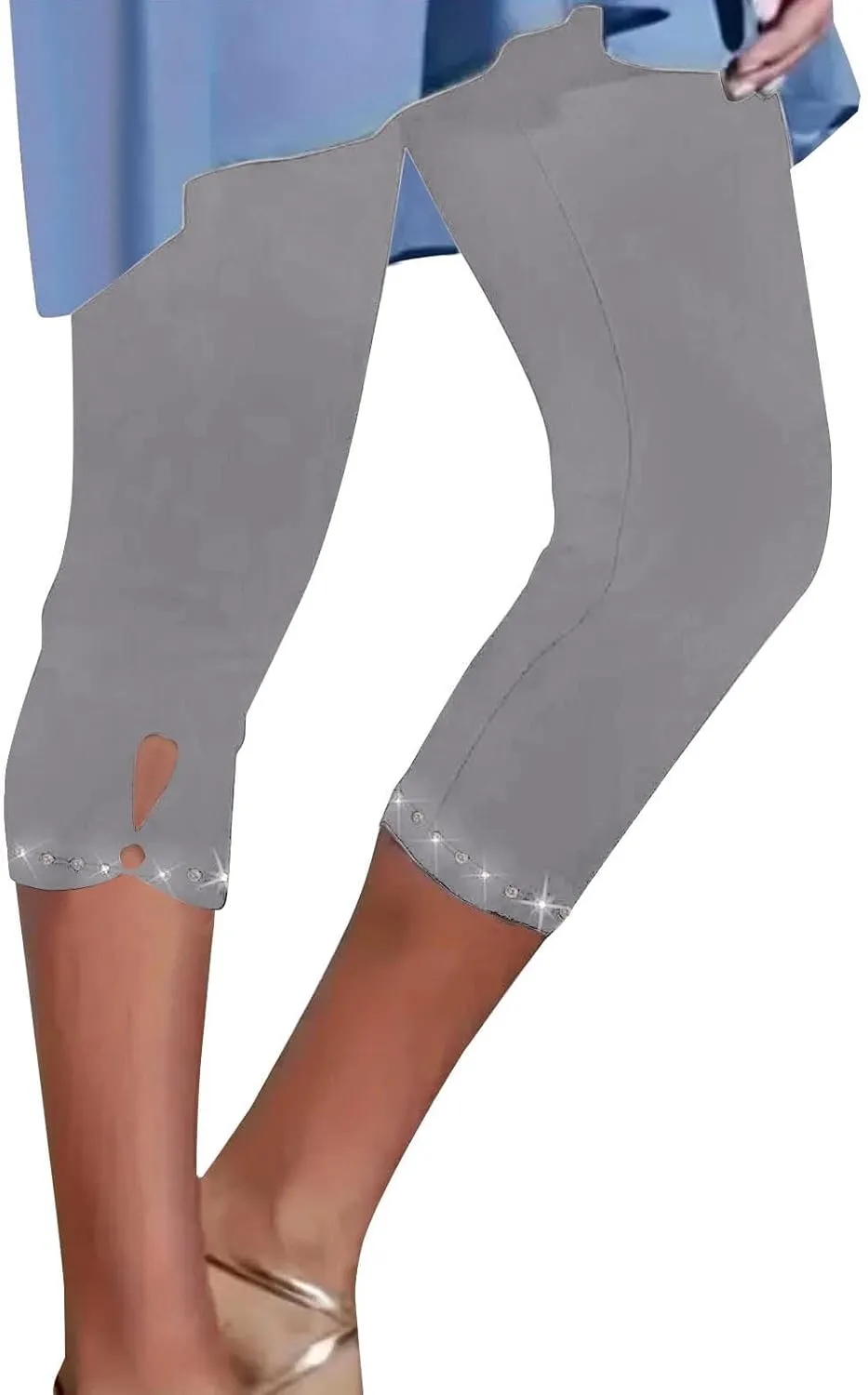 Women's Capri Leggings with Rhinestone 2025 Summer High Waist Cropped Yoga Pants Cutout Keyhole Stretchy Capri Tights