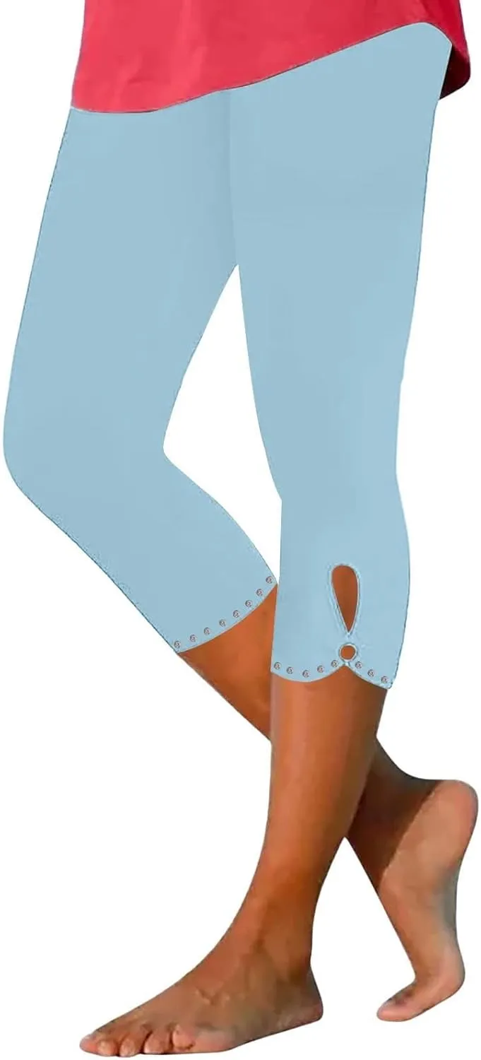 Women's Capri Leggings with Rhinestone 2025 Summer High Waist Cropped Yoga Pants Cutout Keyhole Stretchy Capri Tights