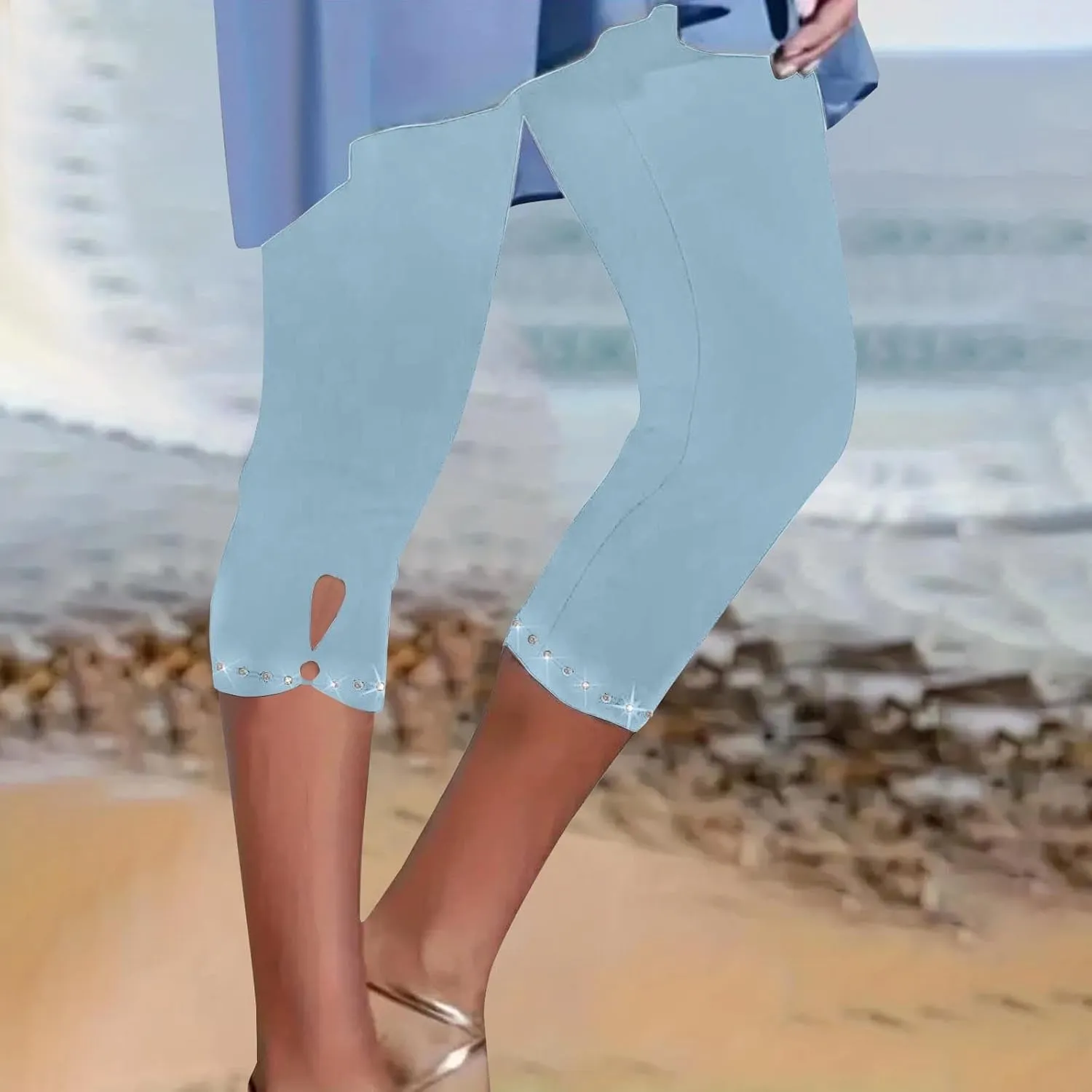 Women's Capri Leggings with Rhinestone 2025 Summer High Waist Cropped Yoga Pants Cutout Keyhole Stretchy Capri Tights