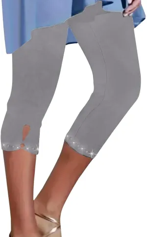 Women's Capri Leggings with Rhinestone 2025 Summer High Waist Cropped Yoga Pants Cutout Keyhole Stretchy Capri Tights