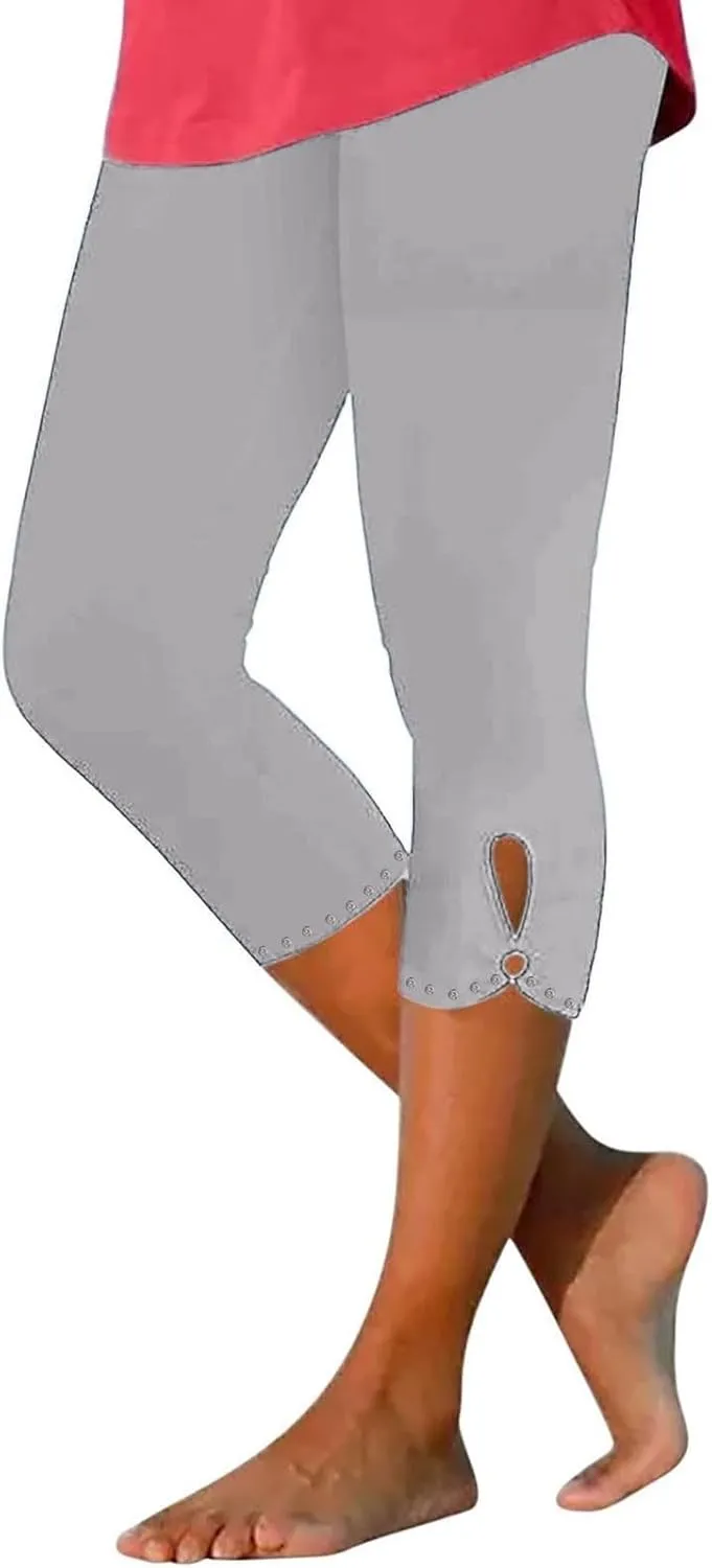 Women's Capri Leggings with Rhinestone 2025 Summer High Waist Cropped Yoga Pants Cutout Keyhole Stretchy Capri Tights