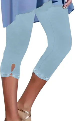 Women's Capri Leggings with Rhinestone 2025 Summer High Waist Cropped Yoga Pants Cutout Keyhole Stretchy Capri Tights