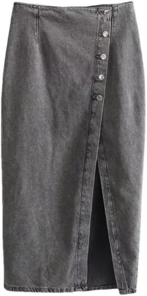 Women's Casual Summer Elegant Denim Midi Skirts Button Front with Side Slit