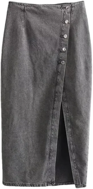 Women's Casual Summer Elegant Denim Midi Skirts Button Front with Side Slit