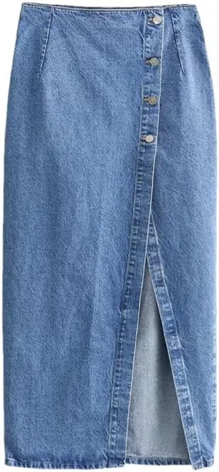 Women's Casual Summer Elegant Denim Midi Skirts Button Front with Side Slit