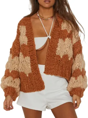 Womens Chunky Cardigan Lantern Sleeve Open Front Sweaters Loose Cable Knit Oversized Cardigans Outwear Coats