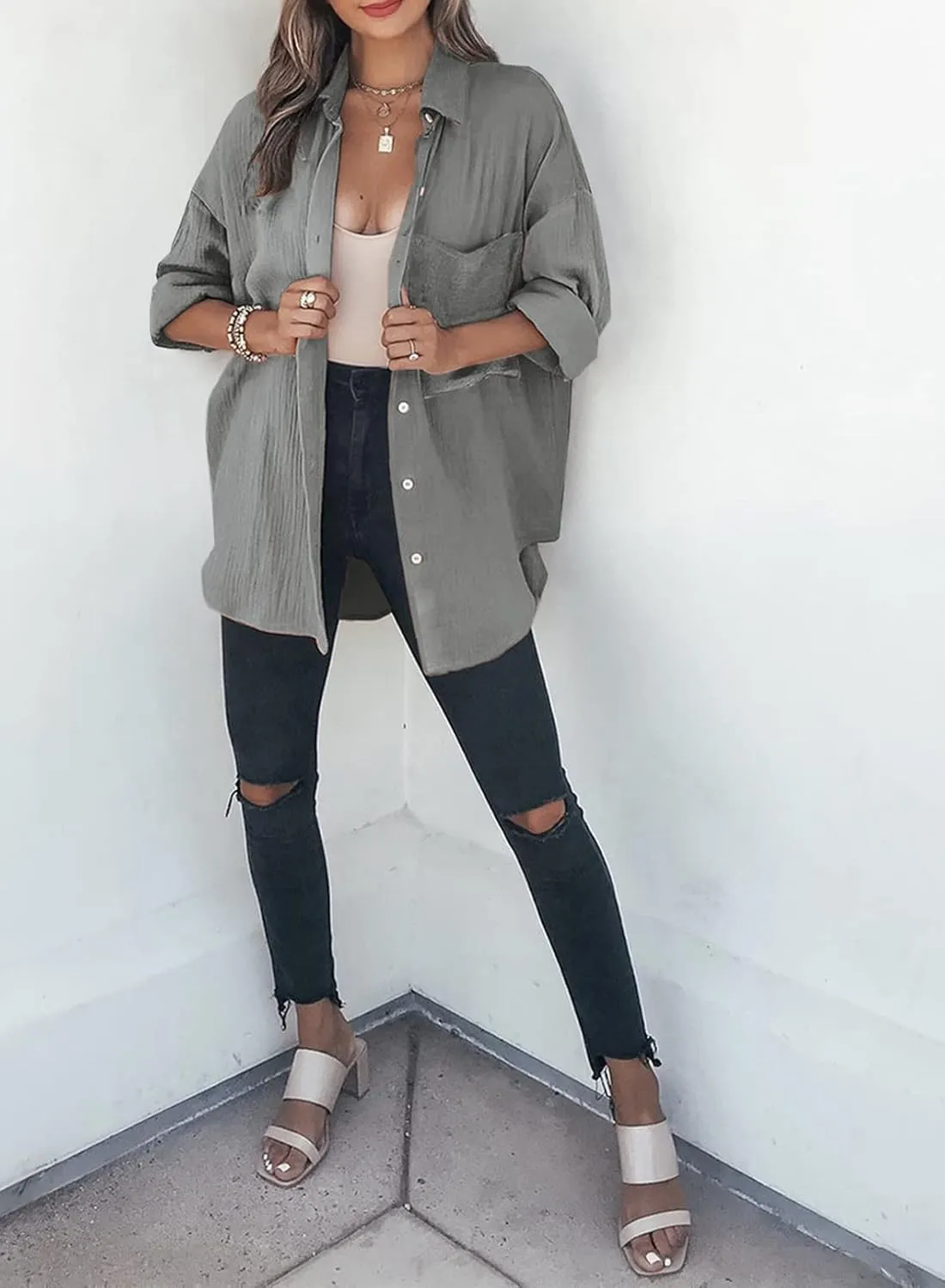 Womens Color Block Button Down Shirts Long Sleeve Oversized Boyfriend Blouses Tops