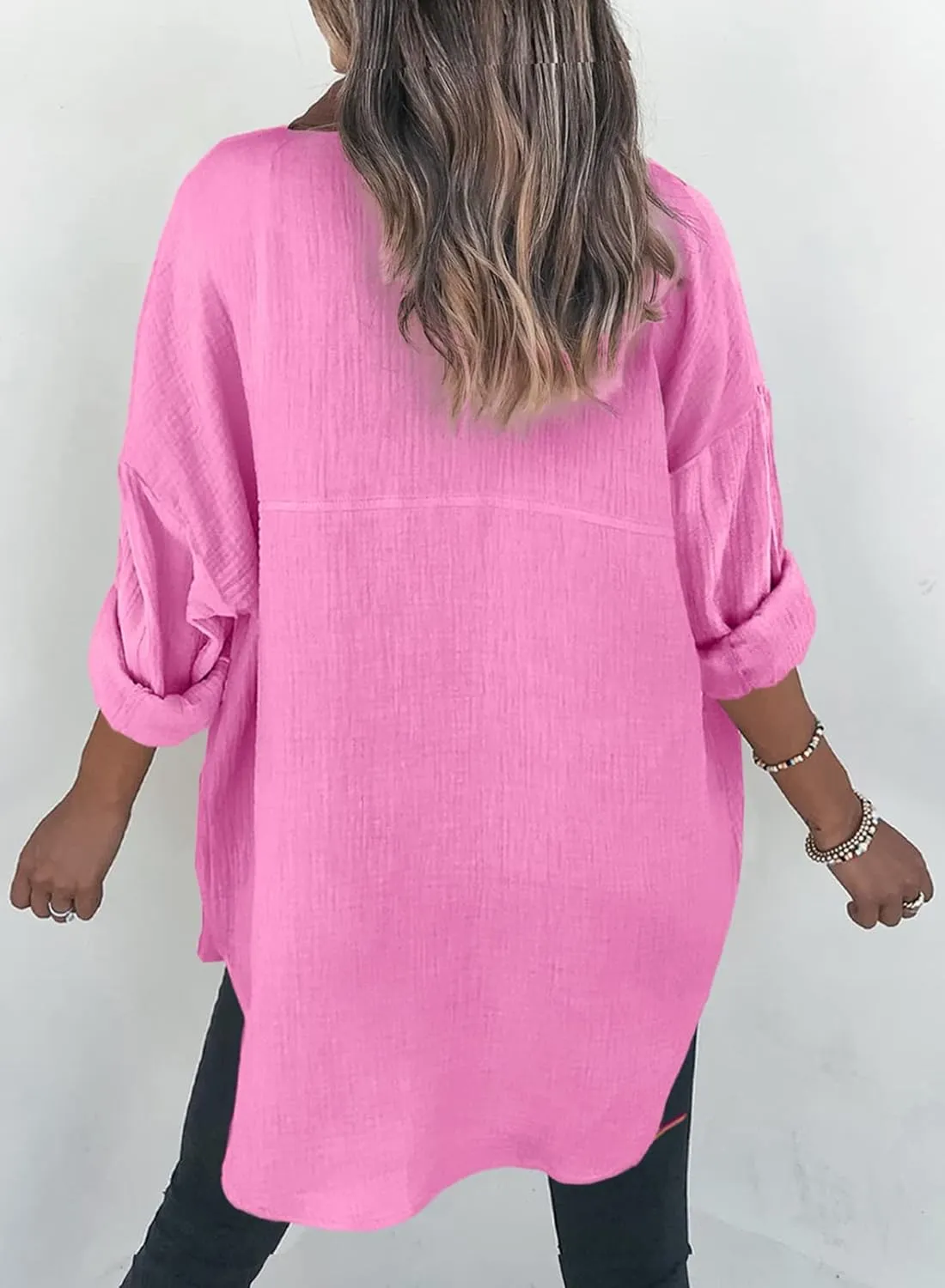 Womens Color Block Button Down Shirts Long Sleeve Oversized Boyfriend Blouses Tops