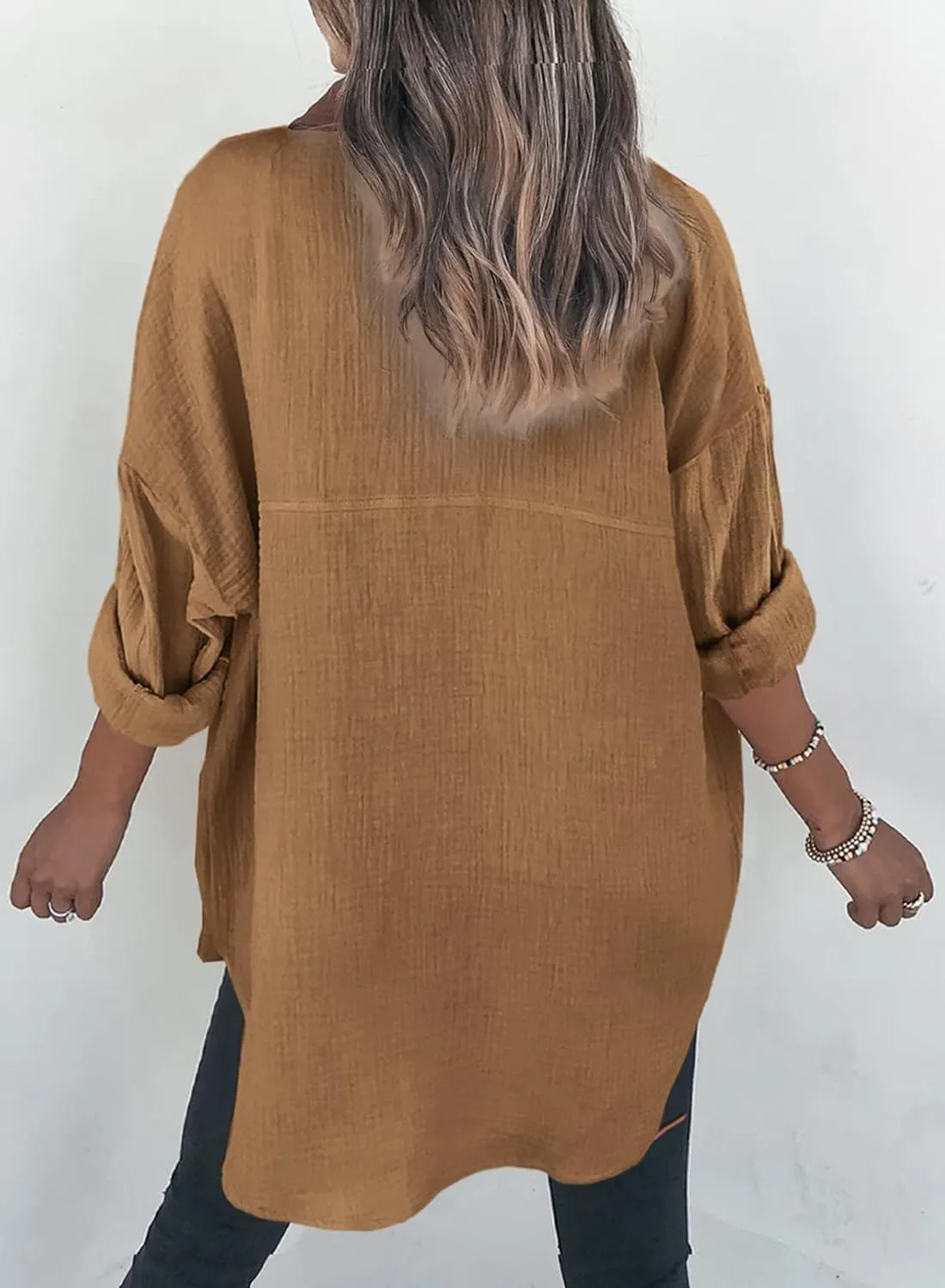 Womens Color Block Button Down Shirts Long Sleeve Oversized Boyfriend Blouses Tops