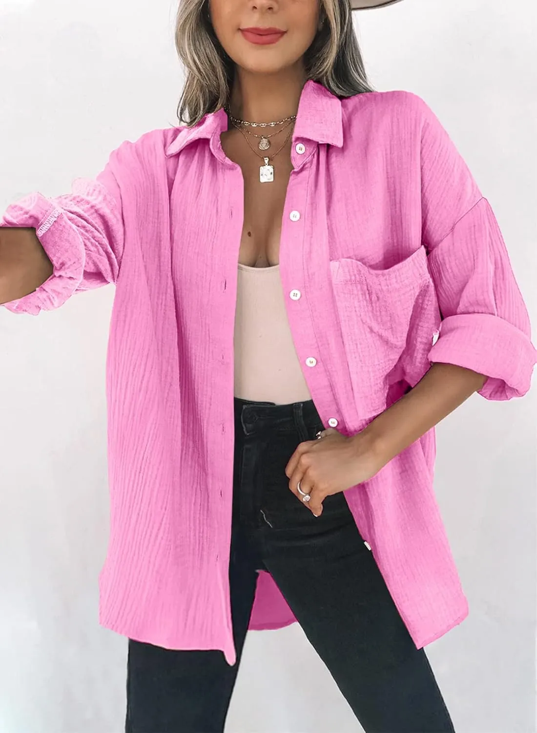 Womens Color Block Button Down Shirts Long Sleeve Oversized Boyfriend Blouses Tops