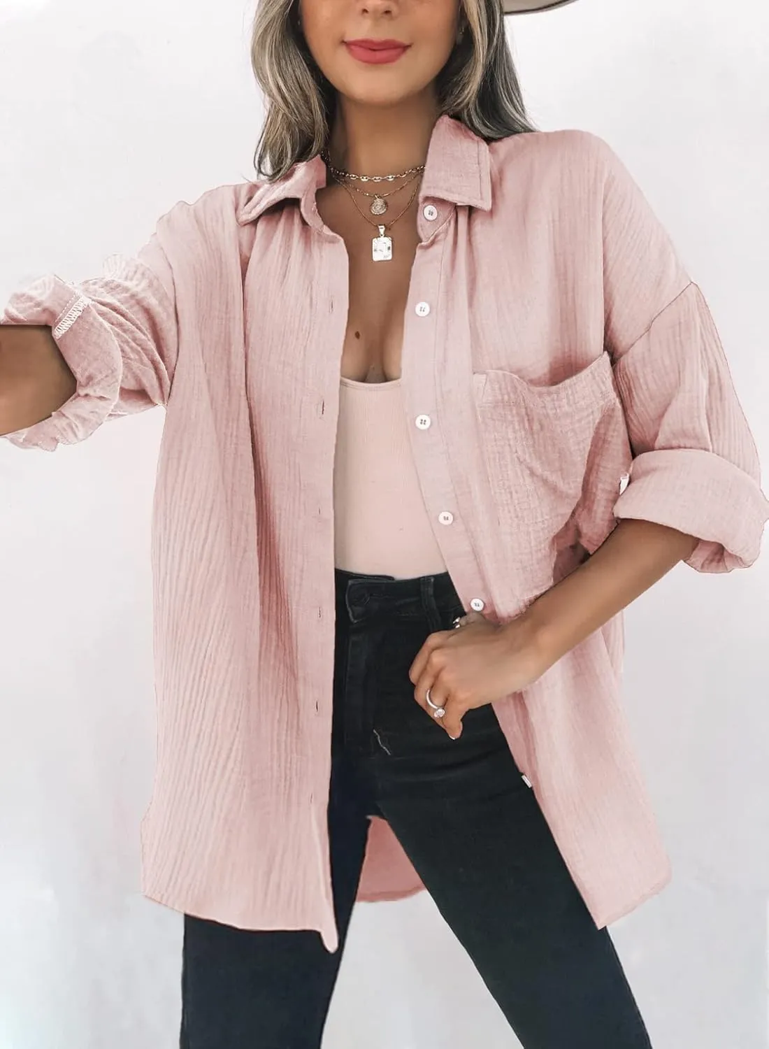 Womens Color Block Button Down Shirts Long Sleeve Oversized Boyfriend Blouses Tops