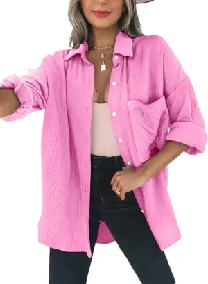 Womens Color Block Button Down Shirts Long Sleeve Oversized Boyfriend Blouses Tops