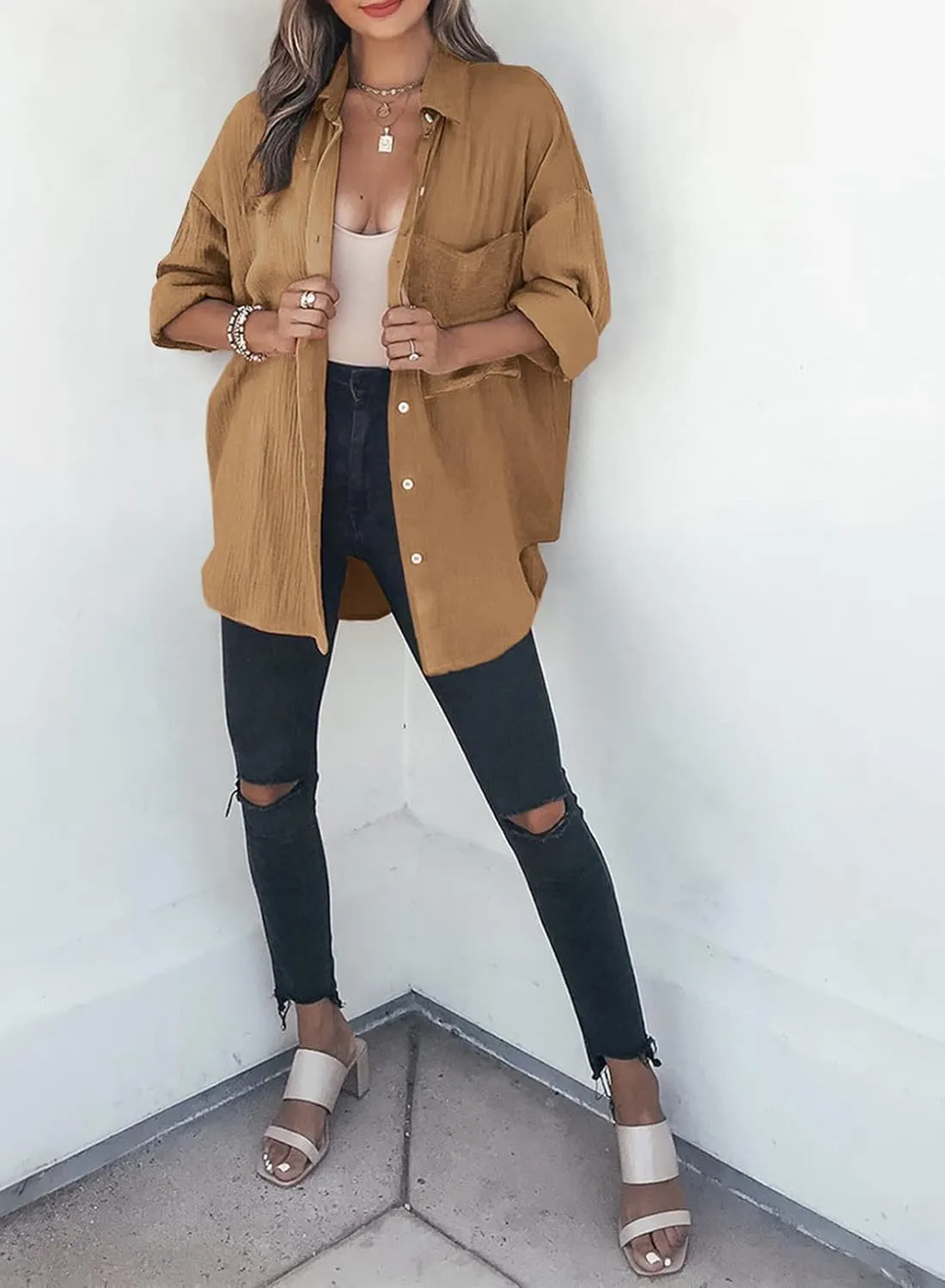 Womens Color Block Button Down Shirts Long Sleeve Oversized Boyfriend Blouses Tops