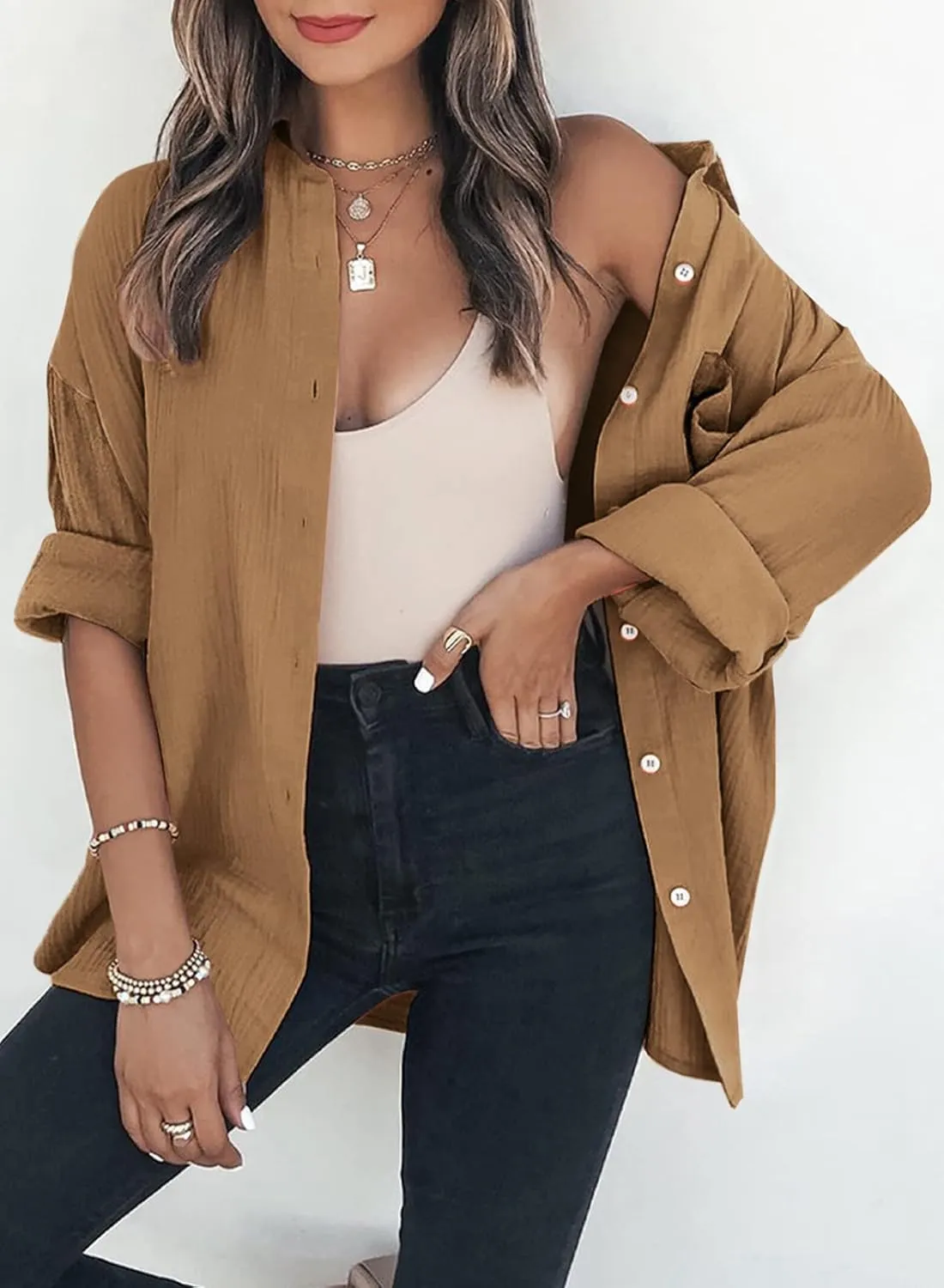 Womens Color Block Button Down Shirts Long Sleeve Oversized Boyfriend Blouses Tops