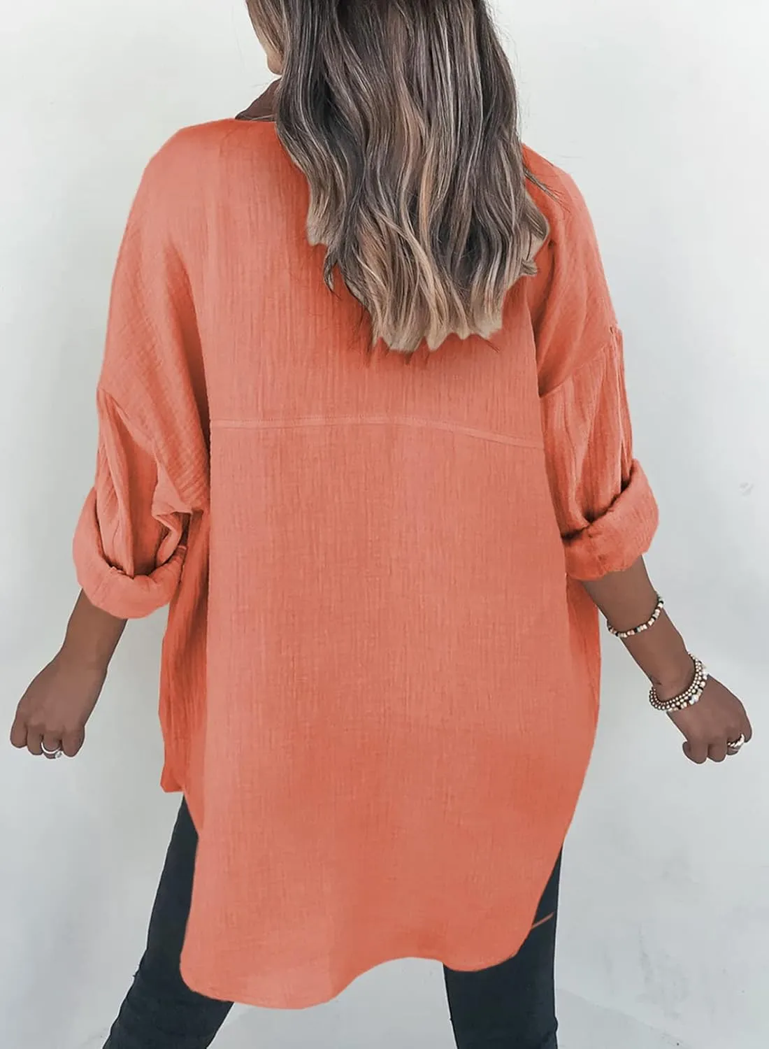 Womens Color Block Button Down Shirts Long Sleeve Oversized Boyfriend Blouses Tops