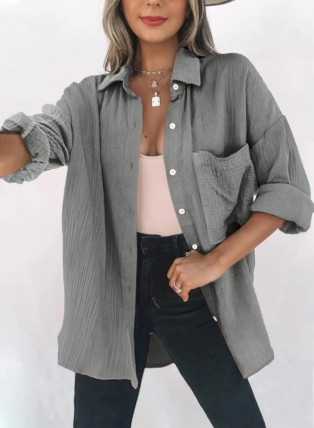 Womens Color Block Button Down Shirts Long Sleeve Oversized Boyfriend Blouses Tops