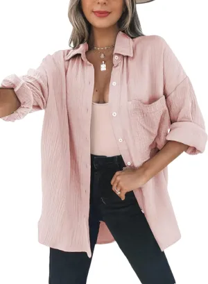 Womens Color Block Button Down Shirts Long Sleeve Oversized Boyfriend Blouses Tops