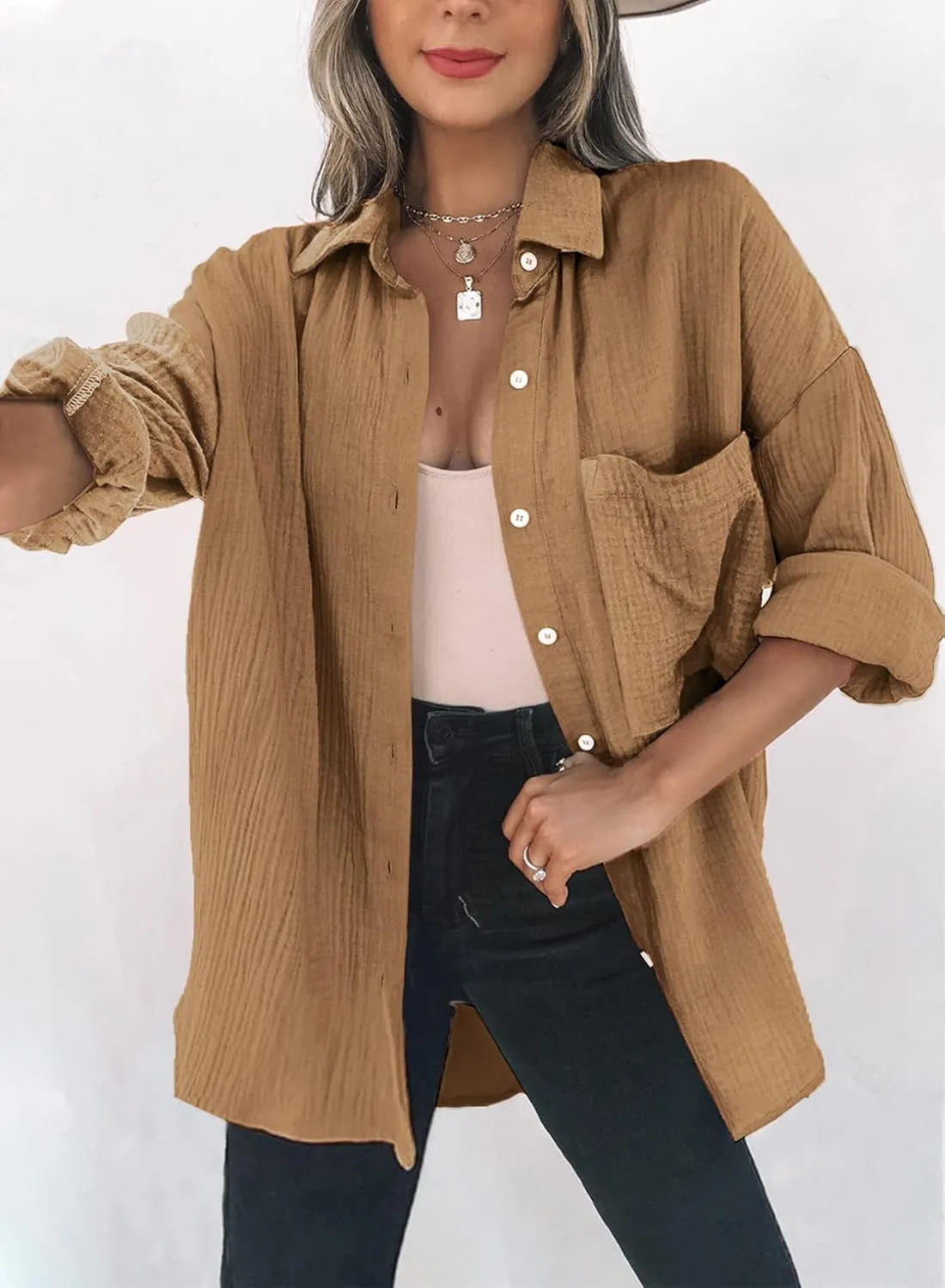 Womens Color Block Button Down Shirts Long Sleeve Oversized Boyfriend Blouses Tops