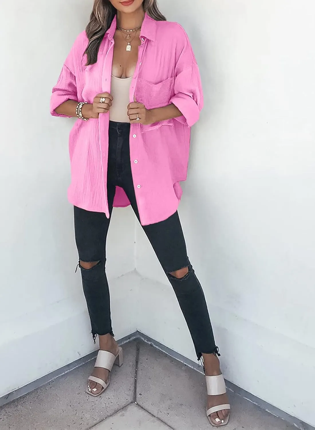 Womens Color Block Button Down Shirts Long Sleeve Oversized Boyfriend Blouses Tops