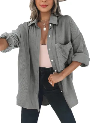 Womens Color Block Button Down Shirts Long Sleeve Oversized Boyfriend Blouses Tops