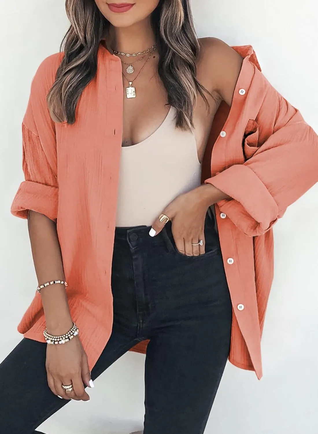 Womens Color Block Button Down Shirts Long Sleeve Oversized Boyfriend Blouses Tops
