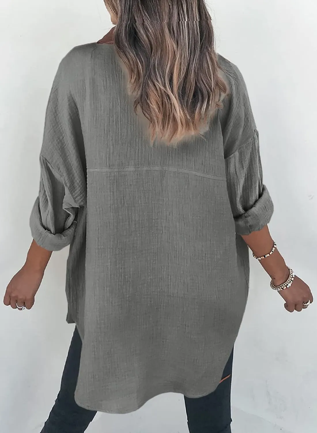 Womens Color Block Button Down Shirts Long Sleeve Oversized Boyfriend Blouses Tops