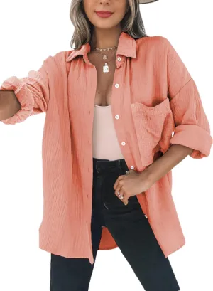 Womens Color Block Button Down Shirts Long Sleeve Oversized Boyfriend Blouses Tops
