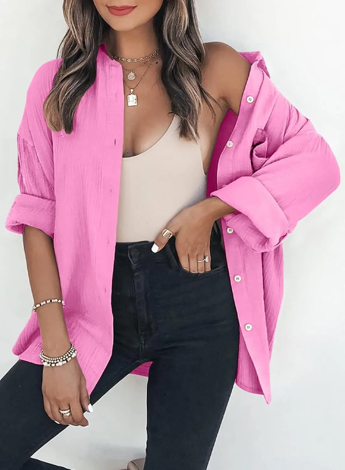 Womens Color Block Button Down Shirts Long Sleeve Oversized Boyfriend Blouses Tops