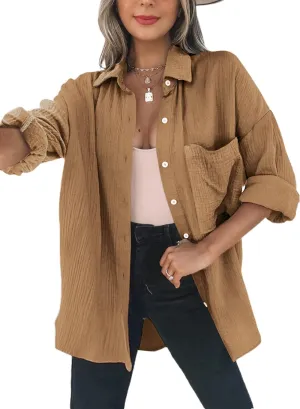 Womens Color Block Button Down Shirts Long Sleeve Oversized Boyfriend Blouses Tops