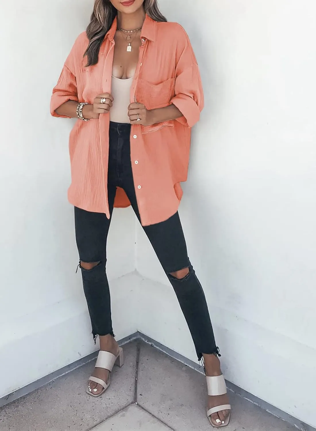 Womens Color Block Button Down Shirts Long Sleeve Oversized Boyfriend Blouses Tops