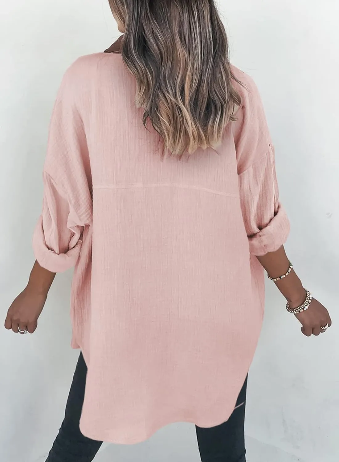 Womens Color Block Button Down Shirts Long Sleeve Oversized Boyfriend Blouses Tops