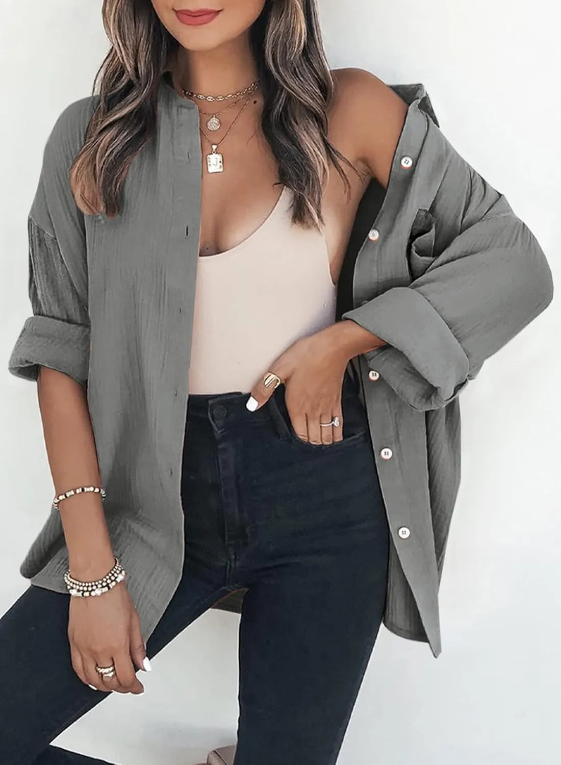 Womens Color Block Button Down Shirts Long Sleeve Oversized Boyfriend Blouses Tops