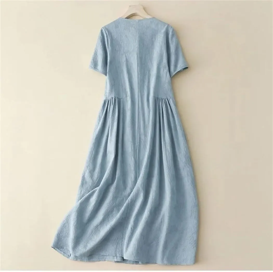 Womens Cotton and Linen Summer Dresses Casual Loose Dress Short Sleeved Chinese Button Long Dress
