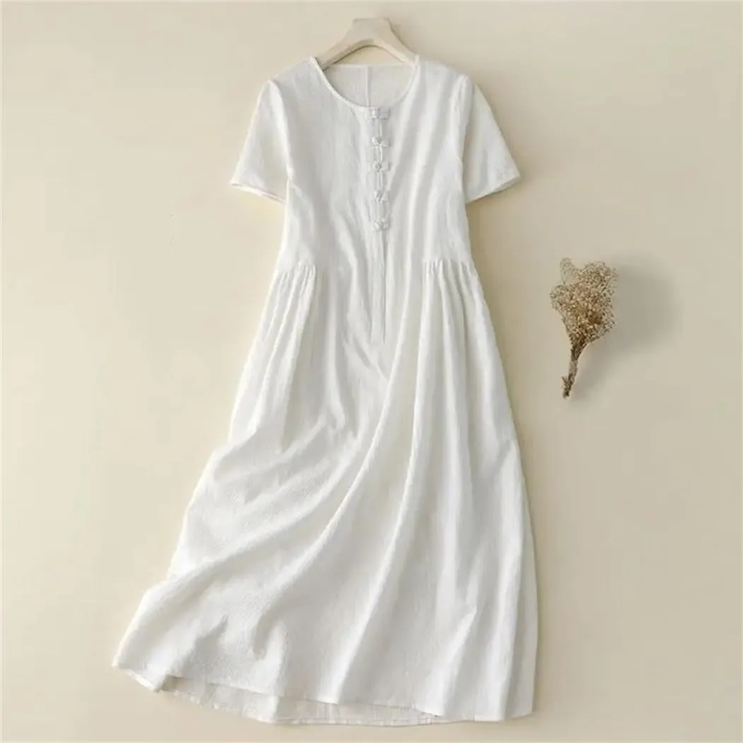 Womens Cotton and Linen Summer Dresses Casual Loose Dress Short Sleeved Chinese Button Long Dress