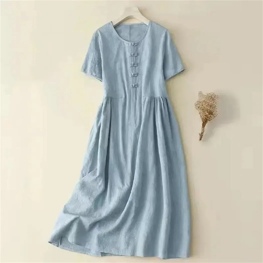 Womens Cotton and Linen Summer Dresses Casual Loose Dress Short Sleeved Chinese Button Long Dress
