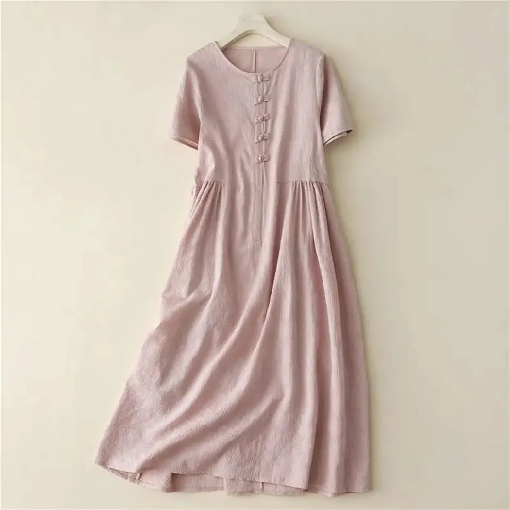 Womens Cotton and Linen Summer Dresses Casual Loose Dress Short Sleeved Chinese Button Long Dress