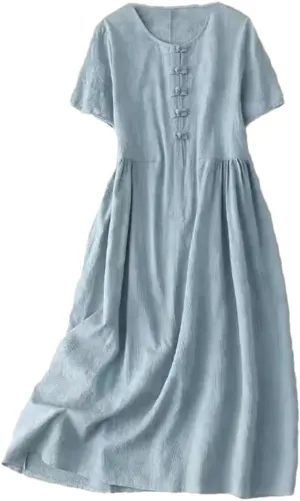 Womens Cotton and Linen Summer Dresses Casual Loose Dress Short Sleeved Chinese Button Long Dress