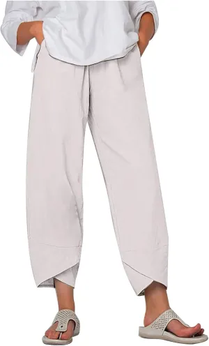 Women's Cotton Linen Casual Pants Summer Elastic High Waist Palazzo Trousers Loose Comfy Beach Trousers Sweatpants