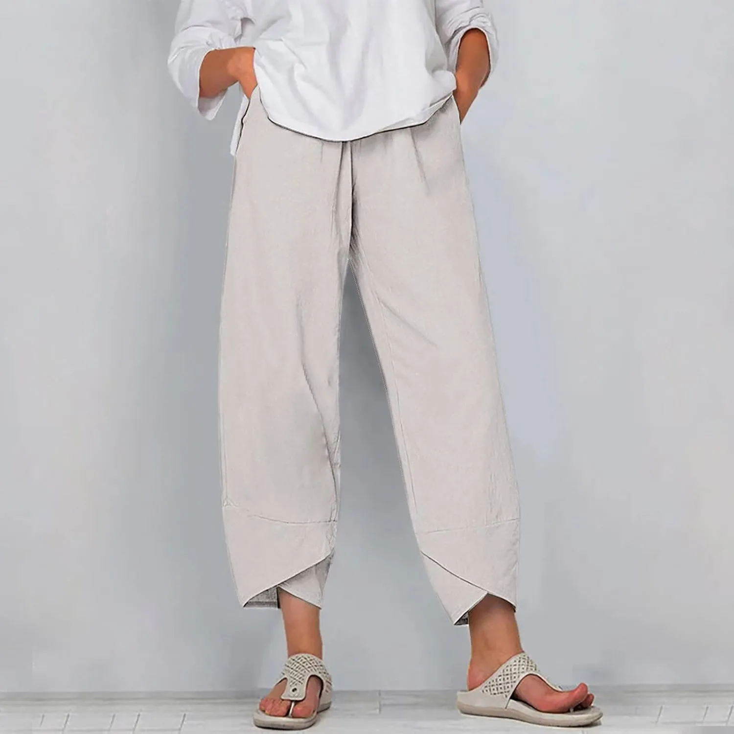 Women's Cotton Linen Casual Pants Summer Elastic High Waist Palazzo Trousers Loose Comfy Beach Trousers Sweatpants