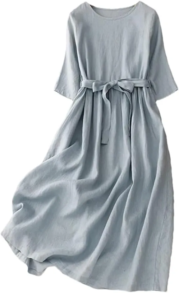 Women's Cotton Linen Mid-Sleeve Round Neck Dress Summer Korean Loose Belt Casual Dress