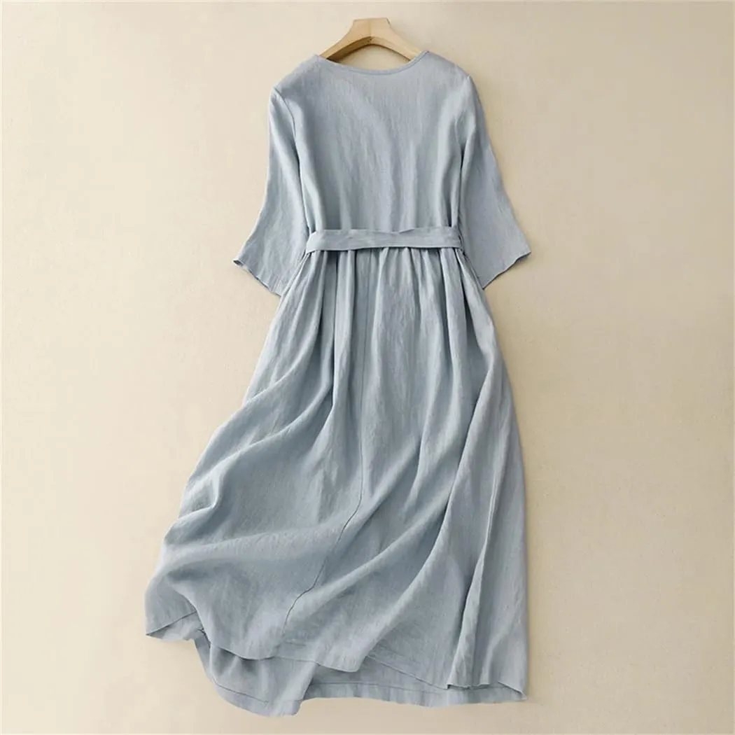 Women's Cotton Linen Mid-Sleeve Round Neck Dress Summer Korean Loose Belt Casual Dress